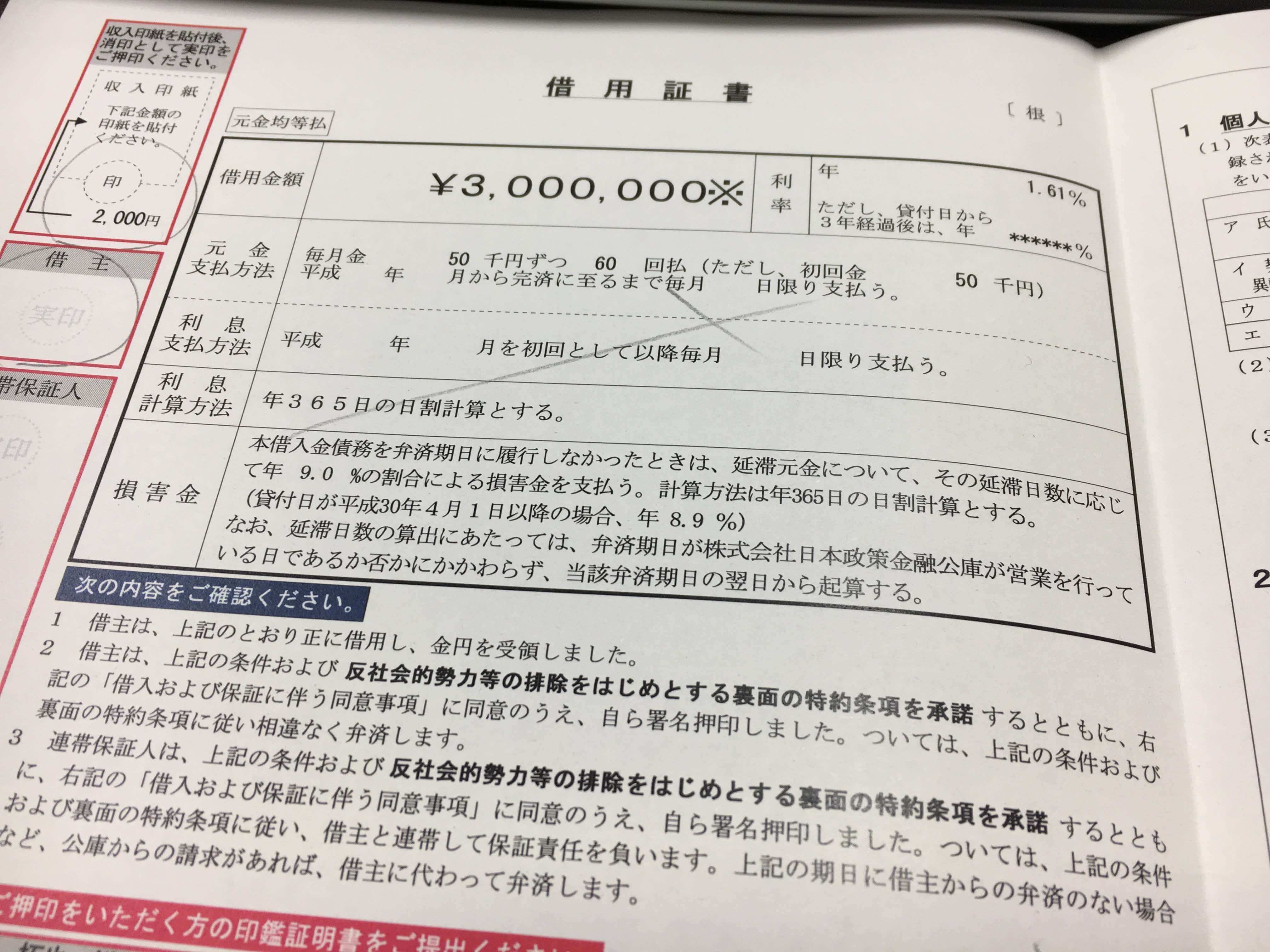 公庫から送られてきた借用証書
